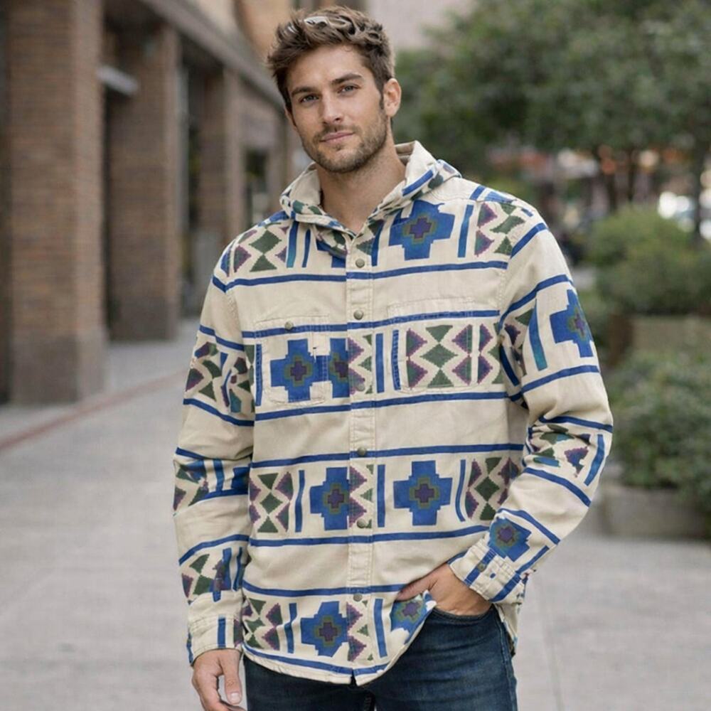 Modern Amusement Hooded Shirt Jacket L Aztec Tribal Cotton Southwest Print